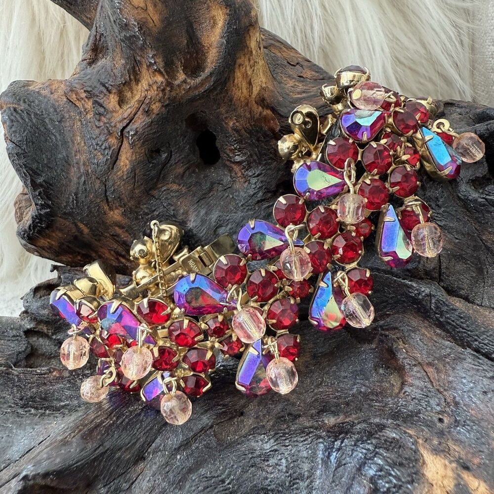 Vintage Kramer Demi-Parure Red Aurora Borealis AB Teardrop Pink Dangle Balls - Picture 11 of 16